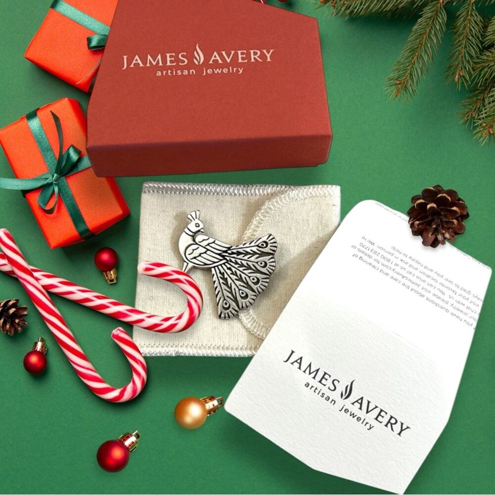 JAMES AVERY RETIRED Rare Peacock Brooch Sterling Silver Signed Box & Gift Box